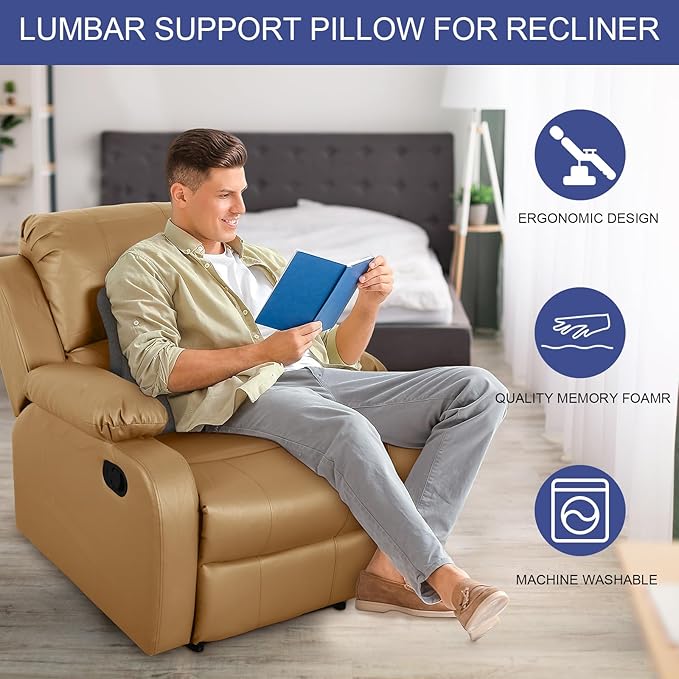 HOMBYS Ergonomic Lumbar Support Pillow for Recliner Chair, Memory Foam Back Support Cushion for Elderly,Back Support Pillow with Dual Extension Straps,Extra Large Lumbar Support Pillow