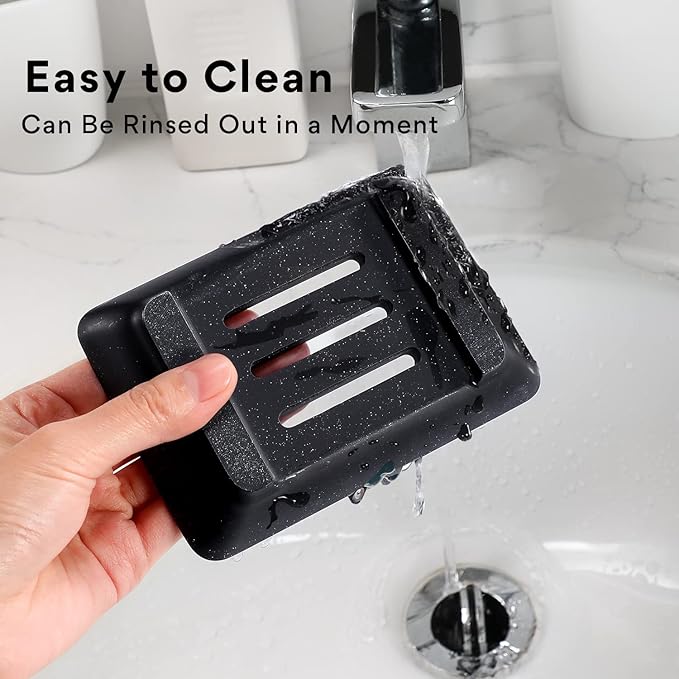 Soap Dish with Drain, Aimou Bar Soap Holder Saver Self Draining Waterfall Soap Sponge Tray Dishes, Easy Clean Soap Case Box Container for Bathroom Shower Kitchen Sink Countertop Black