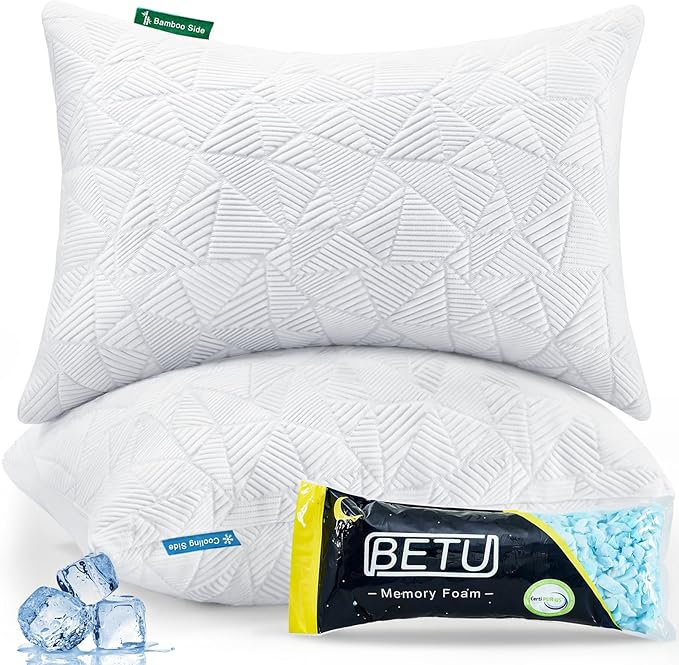 BETU Cooling King Size Pillows Set of 2, Shredded Memory Foam Cool Pillows for Hot Sleepers, Adjustable Firm Soft Support Bed Pillows Perfect for Back Neck Pain and Side Sleeping with Cover, White
