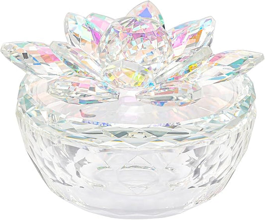 Crystal Jewelry Box Lotus Glass Jewelry Trinket Box with Lid Decorative Box to Ring Earrings Necklace Storage Holder for Home Decor(Dazzling Colors)