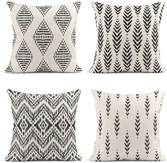 ArtSocket Set of 4 Throw Pillow Covers Ikat Tribal and Boho Bohemian Black Ethnic Herringbone for Ideas Decor Linen Outdoor Pillow Cases Home Decorative Square 22x22 Inches Pillowcases