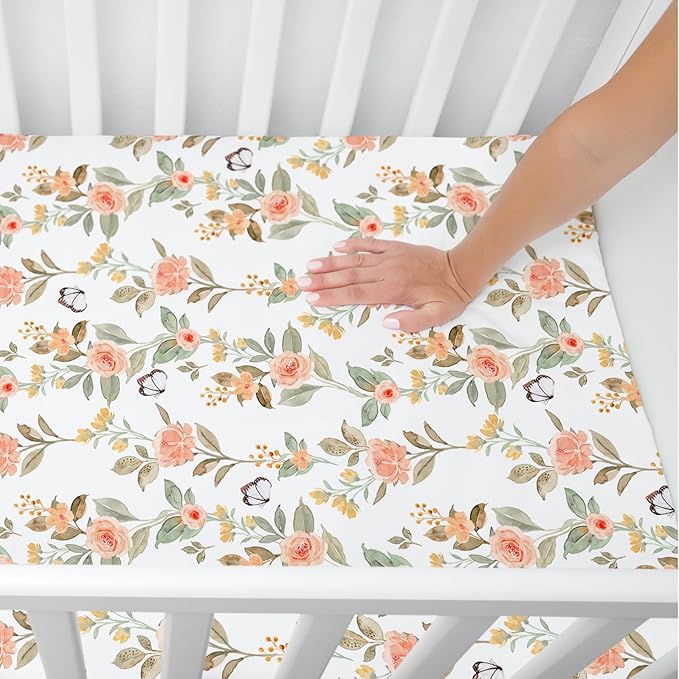 ACRABROS Crib Sheets for Girl Boy: Stretchy Baby Fitted Crib Mattress Sheets Sets 2 Pack Standard Size Ultra Soft Neutral, Rose&Leaf