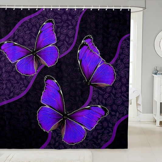 Feelyou Butterfly Shower Curtain 72"x84" Kids Butterflies Botanical Floral Print Bathroom Shower Curtain Set for Boys Girls Teens Geometric Stripes Bath Curtain Purple Bathroom Accessories