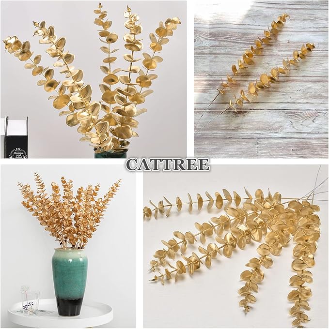 CATTREE Artificial Gold Eucalyptus, Faux Plastic Golden Plants 19" Tall 10 Pcs, Wreath Decorations Fake Shrubs for Wedding Hotel Hall Party Indoor Home Table Centerpieces DIY Decor Planting Filler