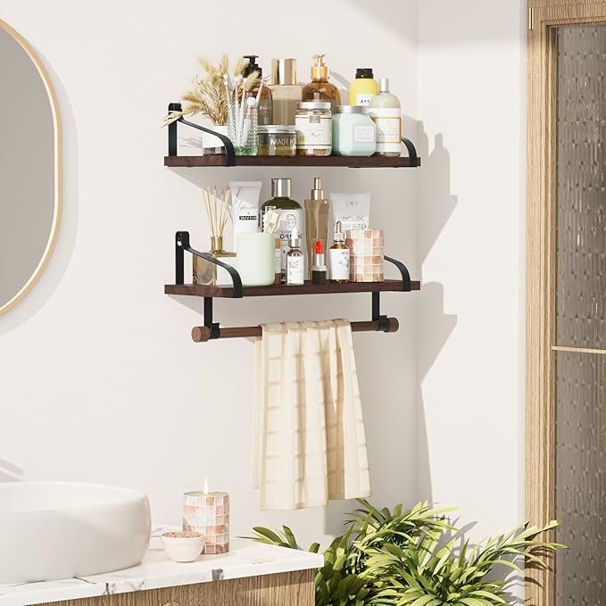 Love-KANKEI Floating Shelves for Coffee Bar, 17.3 Inch Bathroom Shelves Set of 2 with Wood Bar, 8 Hooks for Kitchen, Bedroom,Living Room, Dark Walnut