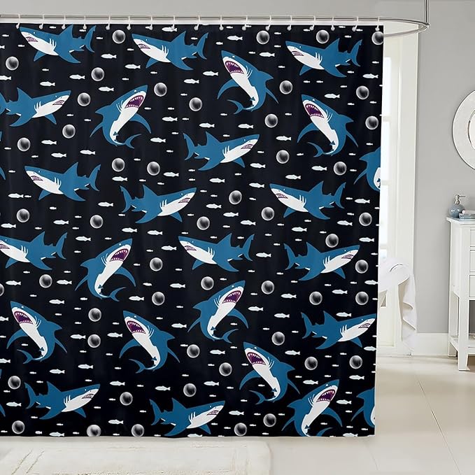 Feelyou Shark Bath Curtain Cute Shark Bathroom Shower Curtain Set for Kids Toddler Boys Girls Cartoon Shark Shower Curtain Shark Ocean Kids Bathroom Accessories 72"x84"