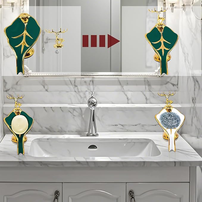 Leaf Shape Ceramic Soap Dishes - Self Draining Soap Dish for Shower, Bathroom Sink, Bathtub, Kitchen Counter (Green)