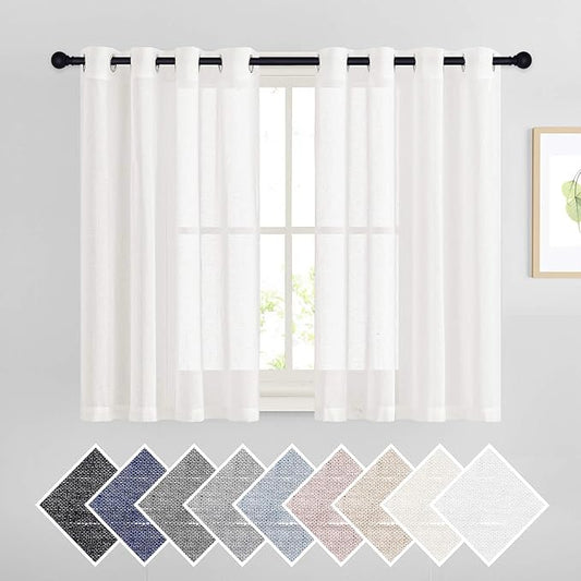 NICETOWN 45 inch Long Rich Linen Curtains Flax Texture, Grommet Top Rustic Drapes Half Window Semi Sheer with Light Filtering for Kitchen/Nursery/Cafe, Ivory, 104" Wide Total 2 Panels