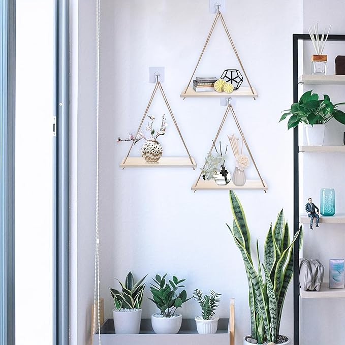 Boho Decor Hanging Shelf, Storage Display Shelves for Hanging Plants Photos, Rustic Wood Floating Shelves for Nursery Bedroom Bathroom Living Room, Wall Decor (Brown)