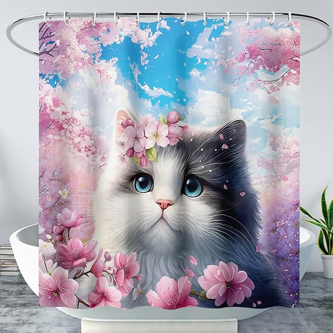 AILONEN Lovely Cat Shower Curtain Set, Pink Cherry Blossom Waterproof Fabric Shower Curtain for Kids Boys Girls,Fat Kitty Cloth Shower Curtain for Bathroom,60" W*72" H