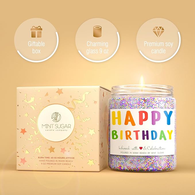 Happy Birthday Candle - Men Birthday Gift Ideas - Birthday Candles for Women - Made in USA - 9oz - Candle Birthday Gift for Women - Vanilla Birthday Cake Scent by Mint Sugar Candle Co
