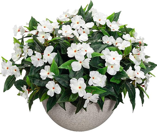 Uqueeten15.7” Spring Decorations For Home Fake Plants Fake Flowers White Flowers Artificial Impatiens Bouquet Flowers For Outdoors Silk Faux Flowers Impatiens Plants Decor Indoor Planters (White) 8pcs