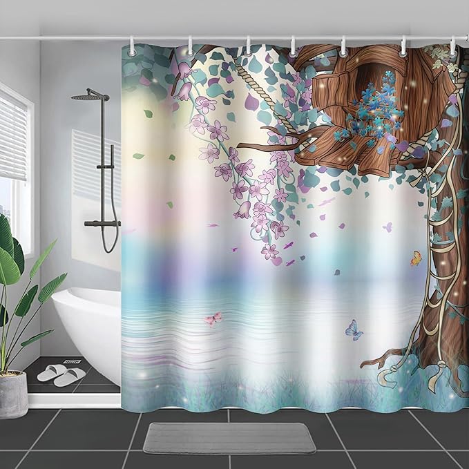 AILONEN Blue Tree Leaves Shower Curtain,Botanical Floral Plants Vine Shower Curtain,Butterfly Floral Shower Curtain for Bathroom Decor Polyester Waterproof with Grommets and Hooks 72" W*78" H