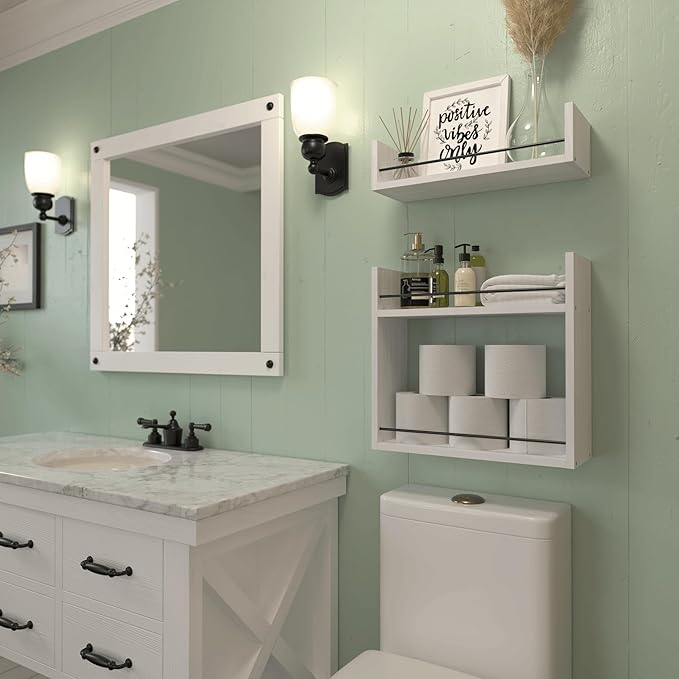 RICHER HOUSE Floating Shelves, Wall Shelves Above Toilet Wall Storage, Wall Mounted Bathroom Shelves with Towel Bar, Shelves for Bedroom, Kitchen, Vanity Shelves Room Decor Wall Cabinet - White