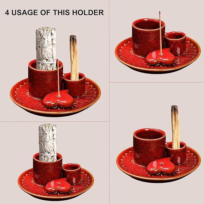 Aimery 4 in 1 Incense Burner Holder, Incense Stick & Palo Santo Holder, Ceramic Incense Holder Ash Catcher, Red