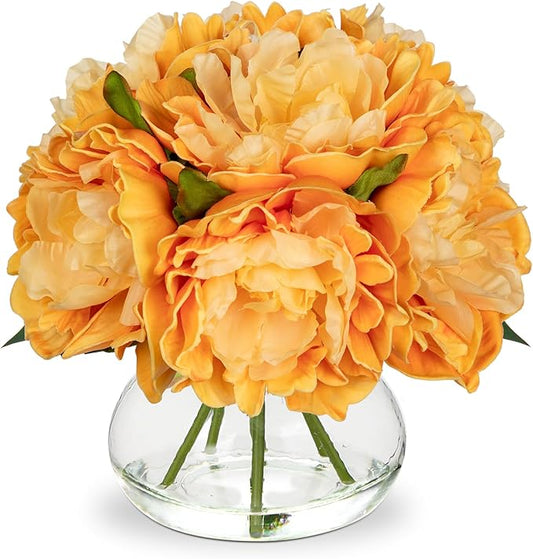 Hollyone Orange Peonies Artificial Flowers in Vase Fall Faux Flowers Peony Fake Flowers Silk Flower Arrangements with Glass Vase with Faux Water for Home Decor Bathroom Table Centerpiece Decorations