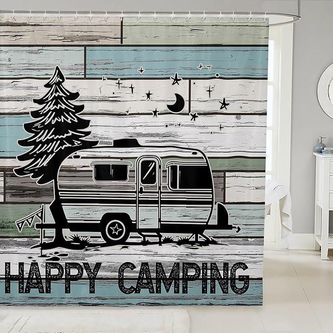 Feelyou Happy Camping Fabric Shower Curtain Shower Curtain Camper for Kids Boys Girls Rv Camping Bathroom Waterproof Accessories with 12 Hooks Rustic Vintage Farmhouse Style Curtains,72x72 Inches