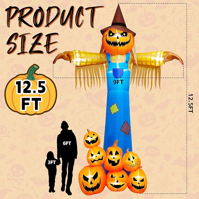 Kalolary 12.5 FT Halloween Inflatables with Music, Giant Pumpkin Scarecrow Inflatable with LED Light Blow Up Yard Decor with Scary Sound for Outdoor Garden Lawn Holiday Party Supplies