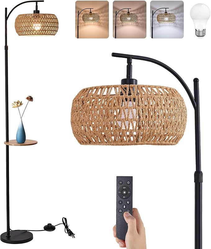 Black Floor Lamp for Living Room, Boho Rattan Floor Lamp with Shelf Farmhouse Standing Lamp with 3 Color Temperature, Arc Cornor Tall Lamp for Bedroom Office,Remote & Dimmable LED Bulb Included.