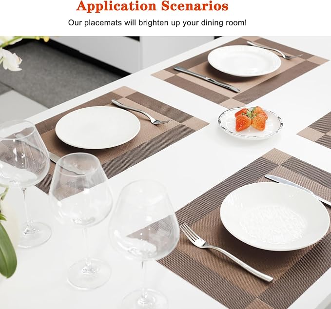Placemats Set of 6,Washable,Heat and Stain Resistant Indoor/Outdoor Place mats, Vinyl Woven Non Slip Table Mats for Restaurant Table Protection, PVC Table Placemats.(Brown, 6PCS)
