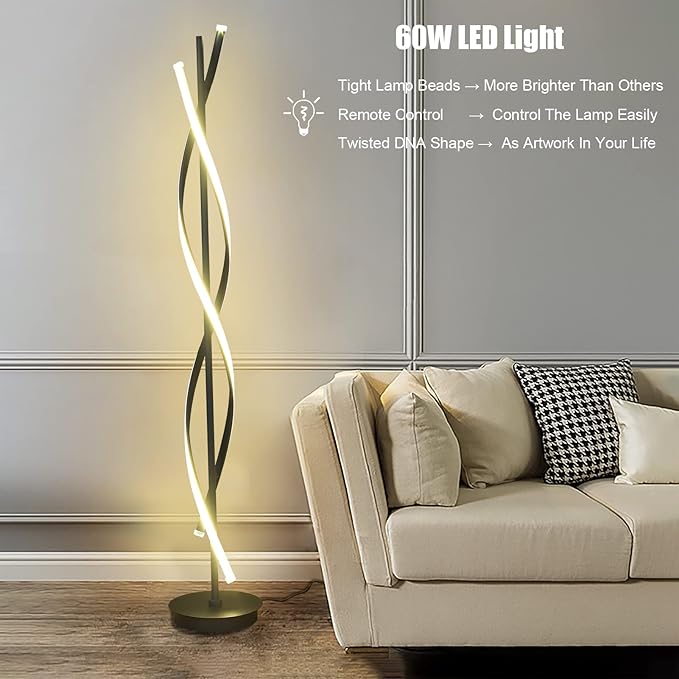 61inch Height; 60W DNA Spiral LED Floor Lights;Art Interior Decoration Home Nordic Floor Lamp Standing Lamp for Living Room Lighting ; 3Color Remote Control Dimming(Black)