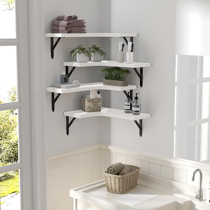 Corner Floating Shelves Wall Mounted Set of 4, Rustic Wood Storage Display Wall Shelves for Home Decor, Bathroom, Kitchen, Bedroom, Living Room, Office (White)