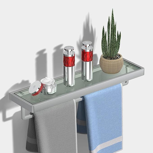 Glass Shelves/Shelf Wall Mount 20-in with Towel Bar/Rack Floating Shelves for Bathroom Tempered Glass Rectangular 1 Tier Organizer Wall Shelf (Brushed Nickel, 20'')