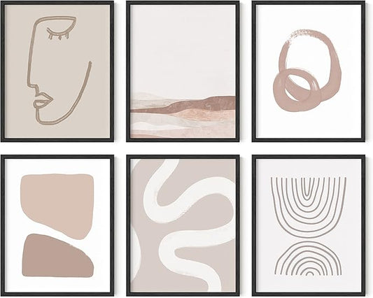 HAUS AND HUES Frameable Beige Boho Art Wall Decor - Set of 6 Neutral Mid Century Modern Wall Art, Minimalist Wall Art, Neutral Wall Decor, Beige Boho Posters for Room Aesthetic (Black Frame, 11x14)