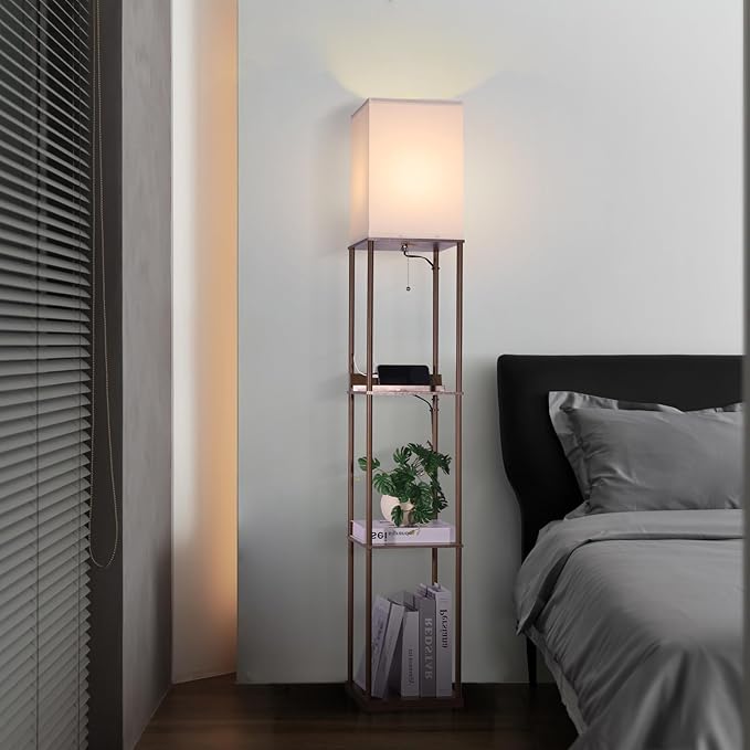 Floor Lamp with Shelves, with 2 USB Ports and Power Outlet Modern Square Standing Lamp with 3 Color Temperature Bulb, Corner Display Bookshelf Lamp for Living Room, Bedroom and Office (brown-9DY)