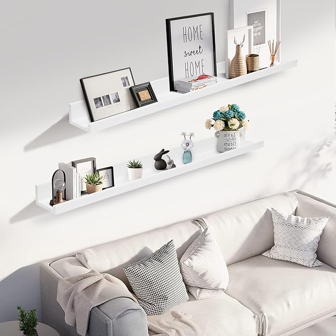 Muzilife 45.3" Large Floating Wall Ledge Shelves with Lip - Set of 2 Wood Floating Shelves - White Wall Mounted Picture Ledge for Office, Bathroom, Bedroom, Living Room, Kitchen