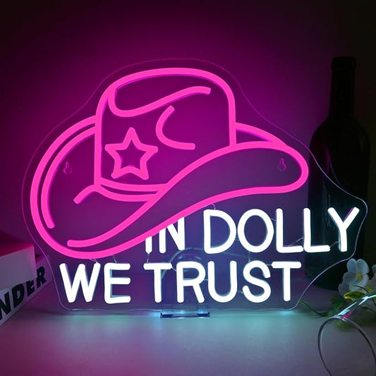 In Dolly We Trust Neon Sign Dimmable Cowgirl Hat Led Signs for Wall Decor LED USB Powered Western Retro Style Neon Light Sign for Club Home Party Bar Girls Bedroom Decoration Birthday Gifts