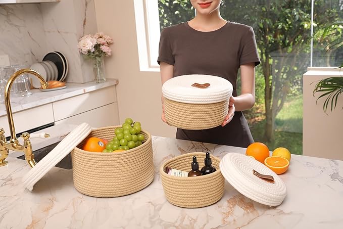 Cottonphant Set of 3 Stylish Round Woven Baskets with Lids - Elegant Storage Solution for Home Decor and Organization - Compact Shelf Baskets (Beige/White Lid, 10"x6"-8"x5"-6"x4")