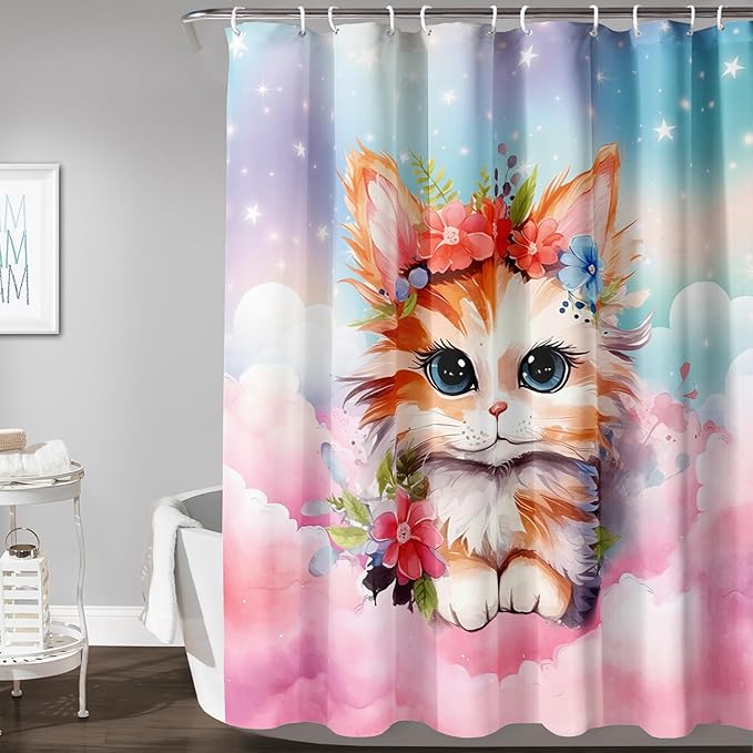 AILONEN Kawaii Cat Shower Curtains,Pink Sky Flora Cat Bath Curtains Gifts for Cat Lover,Cartoon Cat Curtains,Polyester Waterproof with 12 Plastic Hooks 48" W*72" H