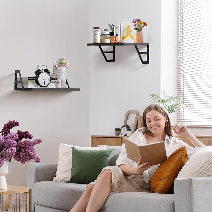 Set of 2 Deep Floating Shelves; Wall Mounted Book Shelf for Living Room, Bedroom Shelves for Wall Decor; Shelves for Wall Storage; Shelving with Metal Brackets, 12 Inches (Black)