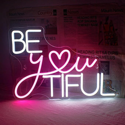 Be You Tiful Neon Led Sign, Rectangular Pink Neon Light Sign, 16.5''*11.6'', Wall Mount, Modern Love Theme, USB Powered, Acrylic Material, Perfect for Room Decor, Salon, Party, Gift