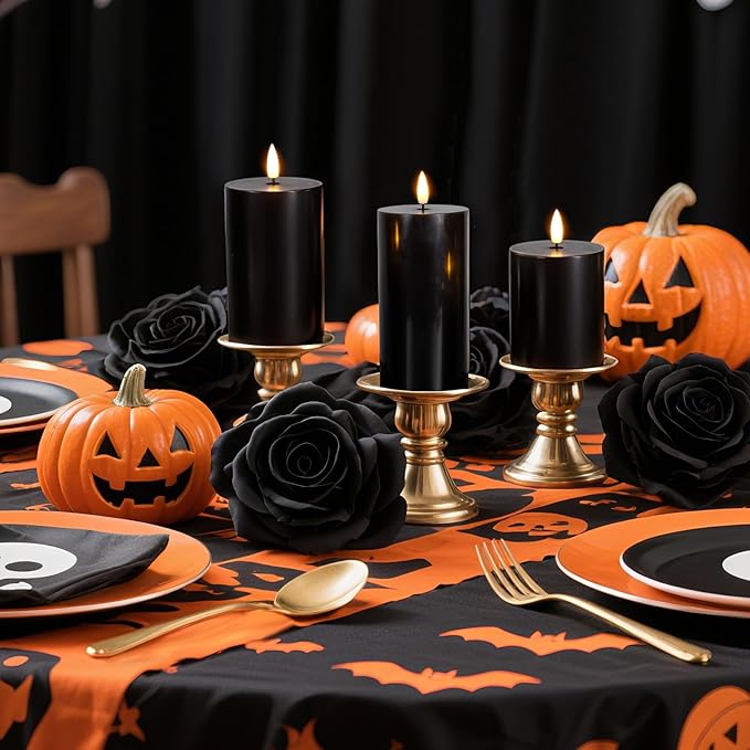 Homemory Halloween Black Flameless Candles Battery Operated with Remote Timer, Real Wax LED Pillar Candle for Halloween Decoration Indoor and Home Decor Gifts, H456, Set of 3