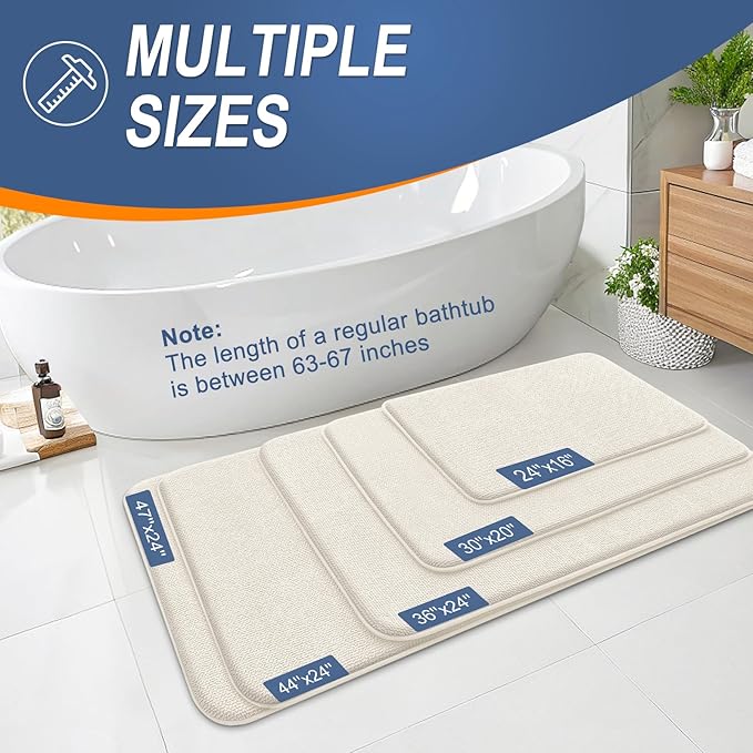 OLANLY Thick Memory Foam Bath Mat Rug 47x17, Extra Soft Absorbent Bathroom Rug, Quick Dry Bath Mats, Non-Slip, Machine Washable Carpet for Bathroom, Tub and Shower, Home Decor Accessories, Ivory