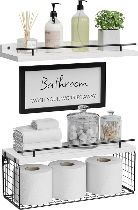 WOPITUES Floating Shelves for Bathroom Wall Decor Sign, Bathroom Organizer and Storage, Bathroom Shelves Over Toilet with Metal Guardrail-Modern White