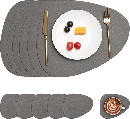 Myir JUN Placemats, Dual-Sided Placemats Waterproof Faux Leather Placemats Set of 6 Place Mats and Coasters Non-Slip Washable Table Mats for Dining Table (Gray, Set of 6)