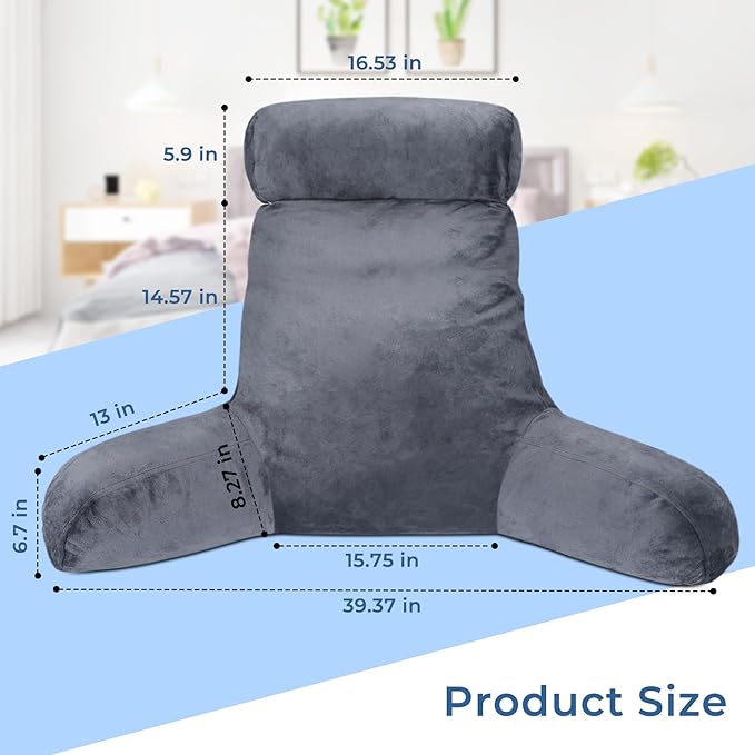 COOLBEBE Reading Pillow for Bed Backrest Pillow for Bed Sitting Up Adult with Arms Grey Back Support Pillow with Headrest & Pockets, Removable Washable Cover and Detachable Neck Roll(Large 27")