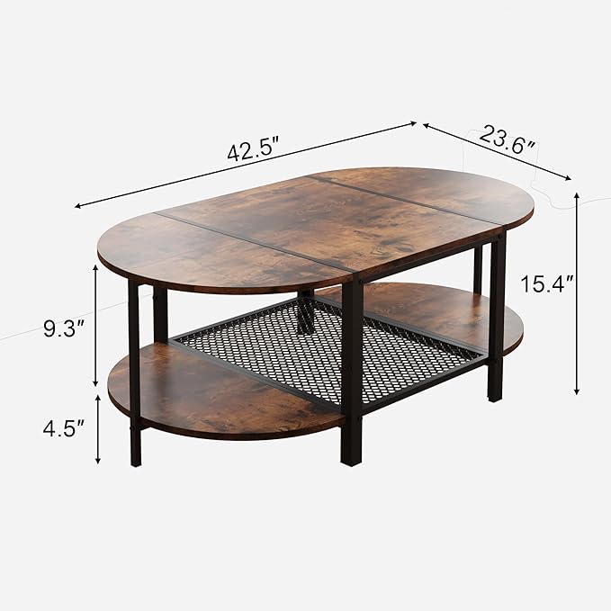 SENIG Oval Coffee Table with Rustic Wood Finish, 2-Tier Storage Shelf and Metal Frame, Living Room Center Table Modern, Vintage Brown