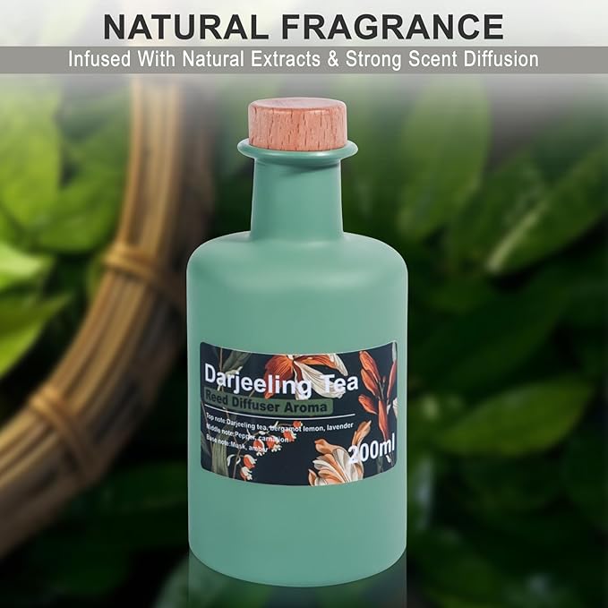 Reed Diffuser Set, 6.8fl oz/200ml Darjeeling Tea & Bergamot Aroma Scented Oil Diffuser with 8Pcs Sticks, Large Capacity Home Fragrance for Large Room Shelf Bathroom Decor