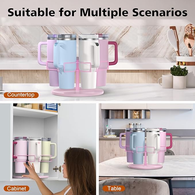 Water Bottle Organizer for Stanley 40 oz, Rotating Stanley Cup Organizer Holder, Tumbler Organizer Holder, Stanley Cup Accessories, Easy to Install, Pink（Patented Product）