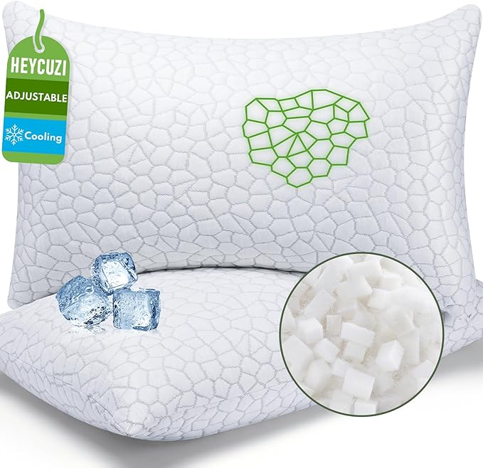 Cooling Pillows Queen Size Set of 2 - Shredded Memory Foam Pillow for Sleeping 2 Pack, Adjustable Cool Bed Pillows for Side, Back, and Stomach Sleepers, Gel Pillow Washable Removable Cover