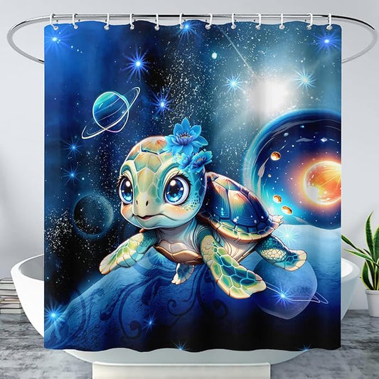 AILONEN 3D Sea Turtle Shower Curtain for Bathroom, Cute Turtle Blue Space Galaxy Bath Curtain,Kids Kawaii Ocean Turtle Decorative Watercolor Curtain with 12 Plastic Hooks for Boys Girls 72" W*78" H