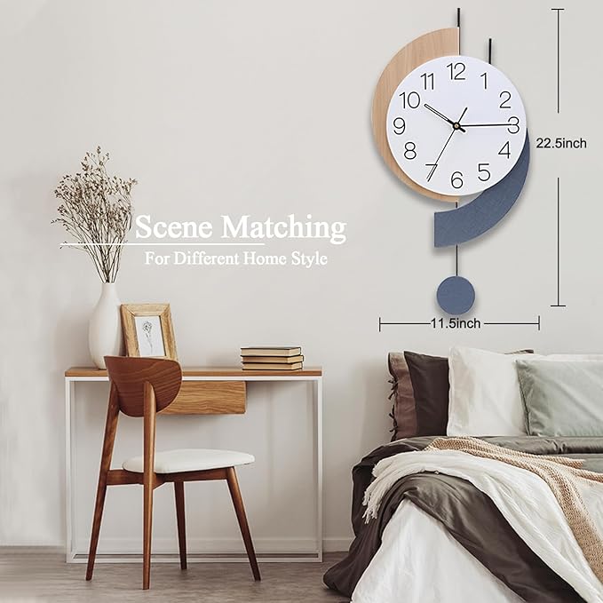 Decorative Silent Quartz Wall Clock with Pendulum, Battery Operated, Large for Living Room, Kitchen, Home, Bathroom, Bedroom - 11.5x22.5 Inch