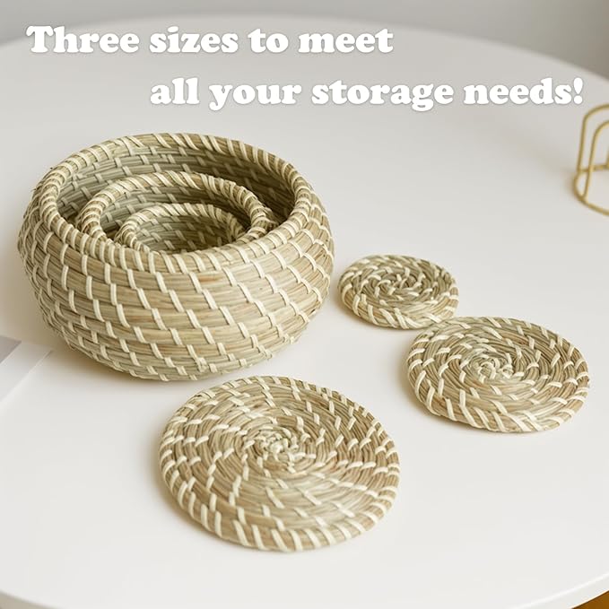 Set of 9 Round Woven Seagrass Baskets, Small Wicker Basket with Lid, Little Handmade Rattan Storage Basket Box for office, bedroom, living room