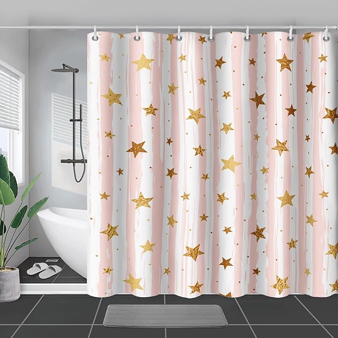 AILONEN Stars Shower Curtain, Pink Striped and Gold Stars Waterproof Shower Curtain,Simple Vintage Style Shower Curtain Liner for Girls Women Adults,36" W*72" H