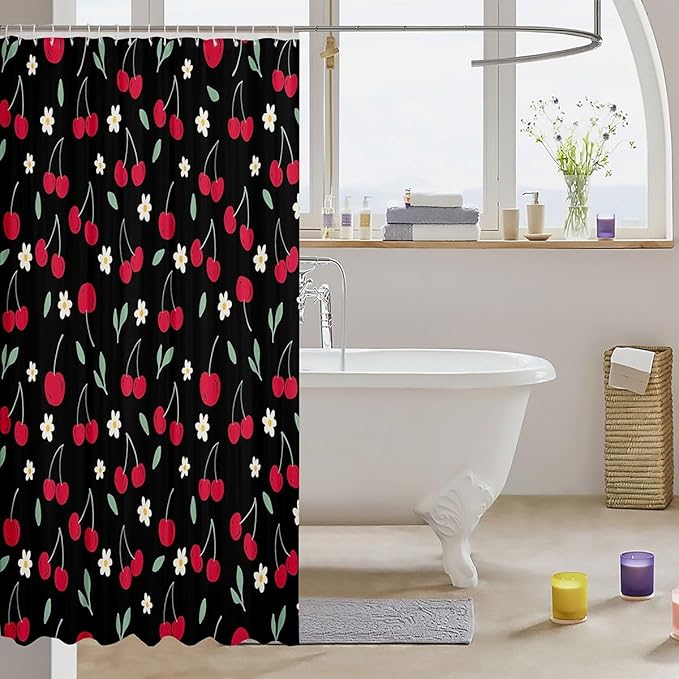 Feelyou Cherry Shower Curtain Fruits Fabric Shower Curtain for Kids Boys Girls Floral Flowers Bathroom Waterproof Accessories with 12 Hooks Black and Red Curtains,72X72 Inches