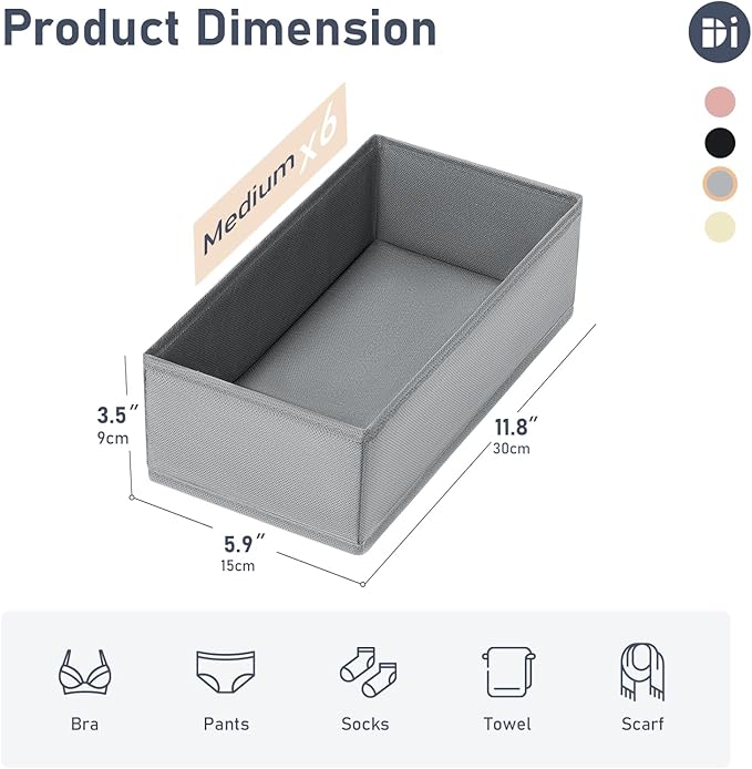 DIMJ Drawer Organizer Clothes - Underwear Organizer Small Sock Organizer Closet Organizers and Storage Box Dresser Drawer Dividers for Baby Clothes,Bra,Socks, Belt, Tie, Set of 6,Grey